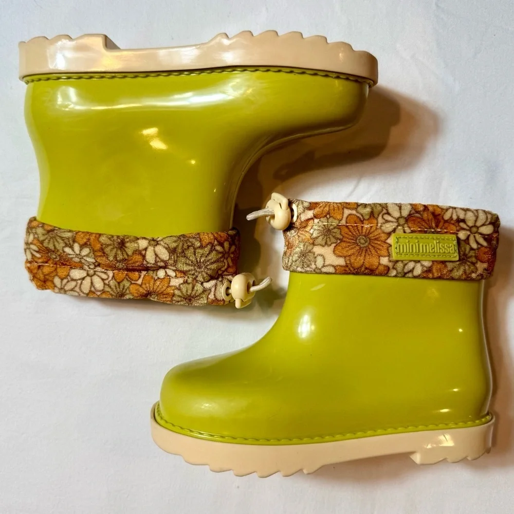 Mini Melissa Rain Boots III BB Girls 10 Yellow Green Floral Cuff Waterproof Lime